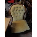 A Victorian mahogany show frame drawing room chair with button back old gold velour upholstery,