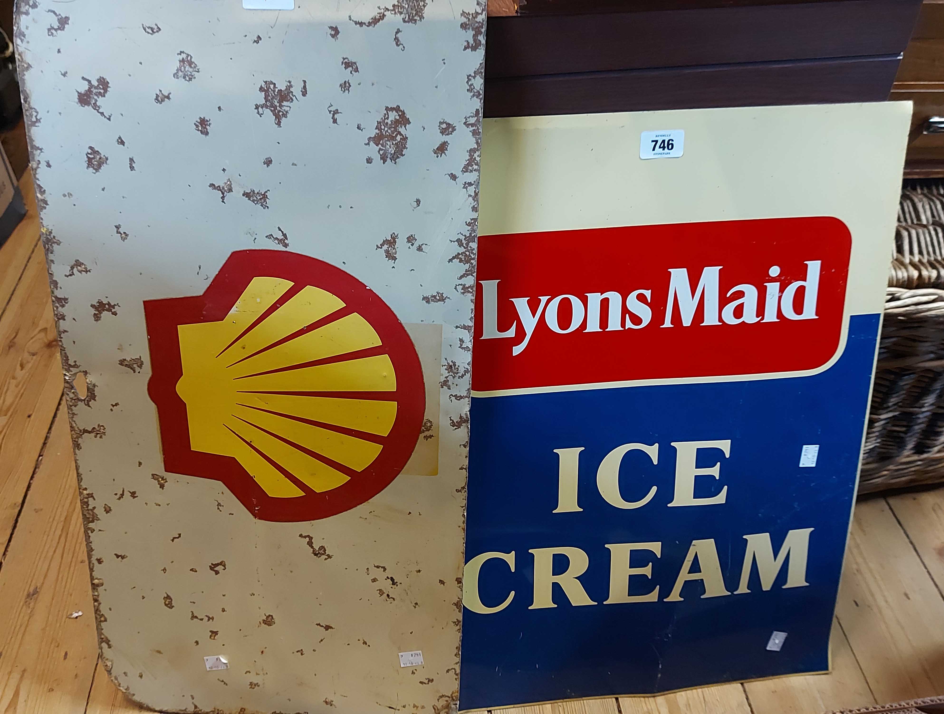 A vintage enamelled Lyons Maid Ice Cream sign - sold with a similar Shell sign