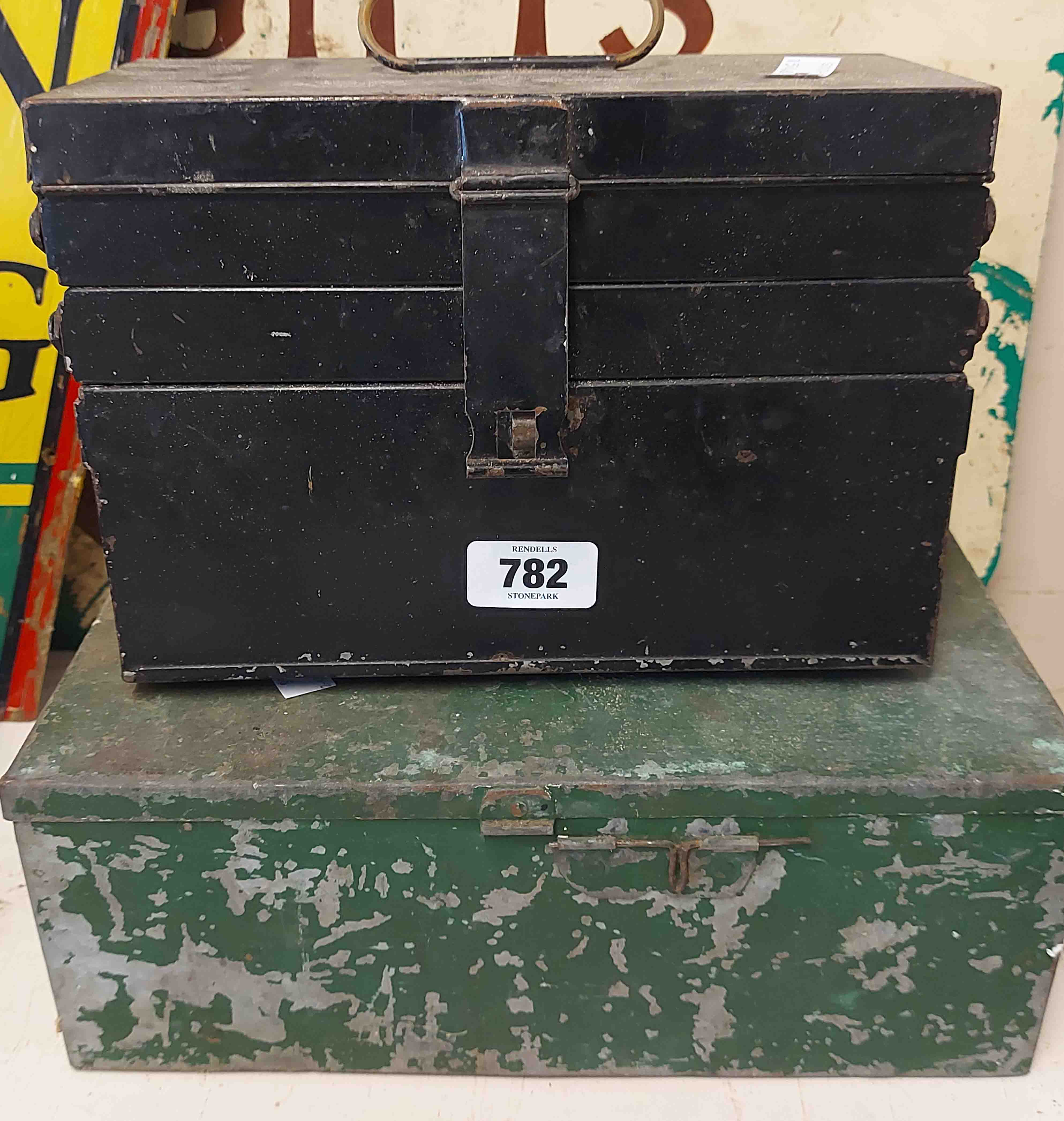 A vintage metal concertina fishing tackle box - sold with a green metal similar