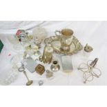 A box containing a quantity of silver plated items including tankard and small white metal caster,