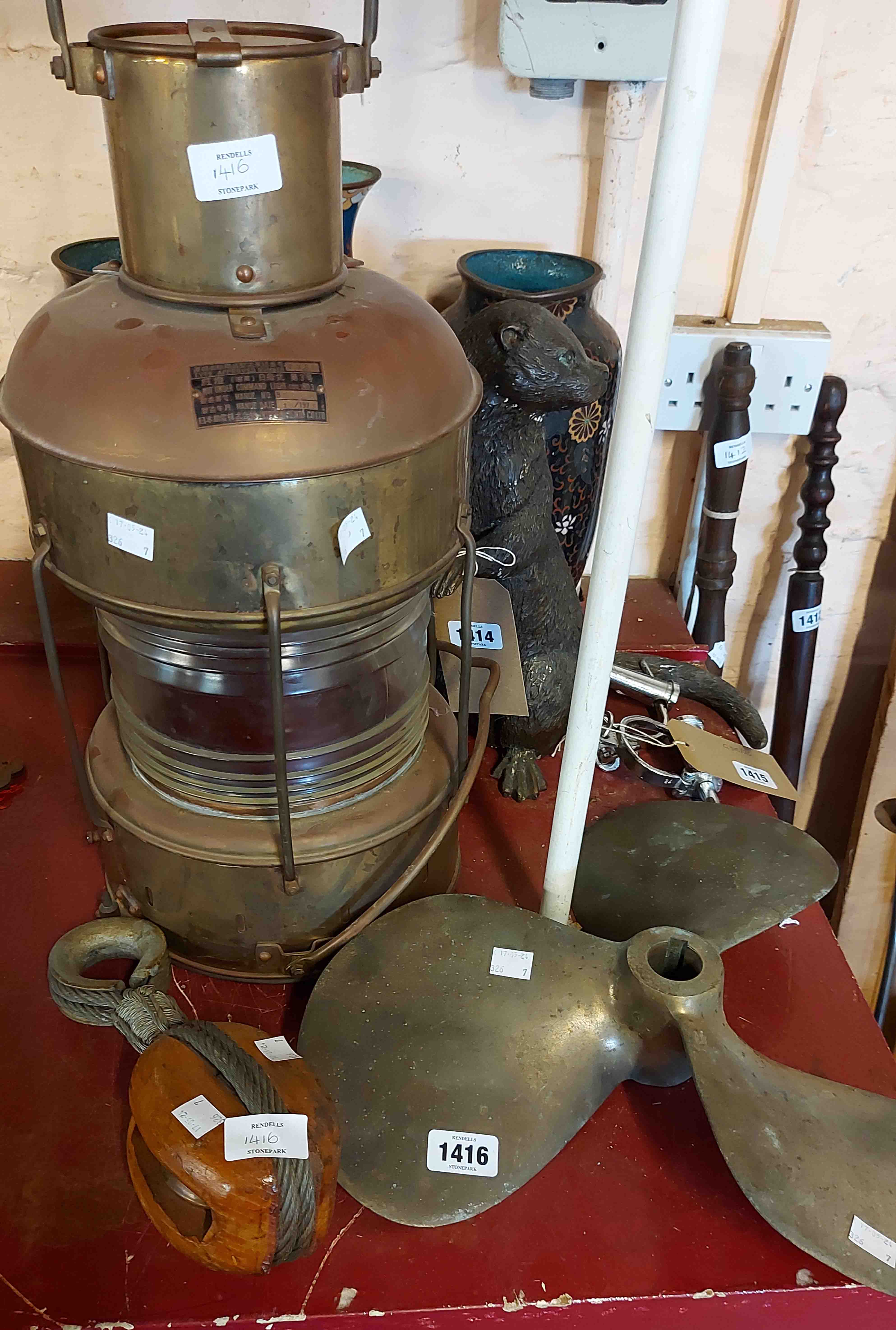 A vintage ship's lantern, propellor and a winch - Image 2 of 3