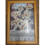 †Ginn (local artist): a framed watercolour, depicting colourful stylised birds flying above a