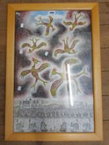 †Ginn (local artist): a framed watercolour, depicting colourful stylised birds flying above a