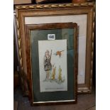 A set of three framed humerous hunting prints - sold with two other framed coloured prints