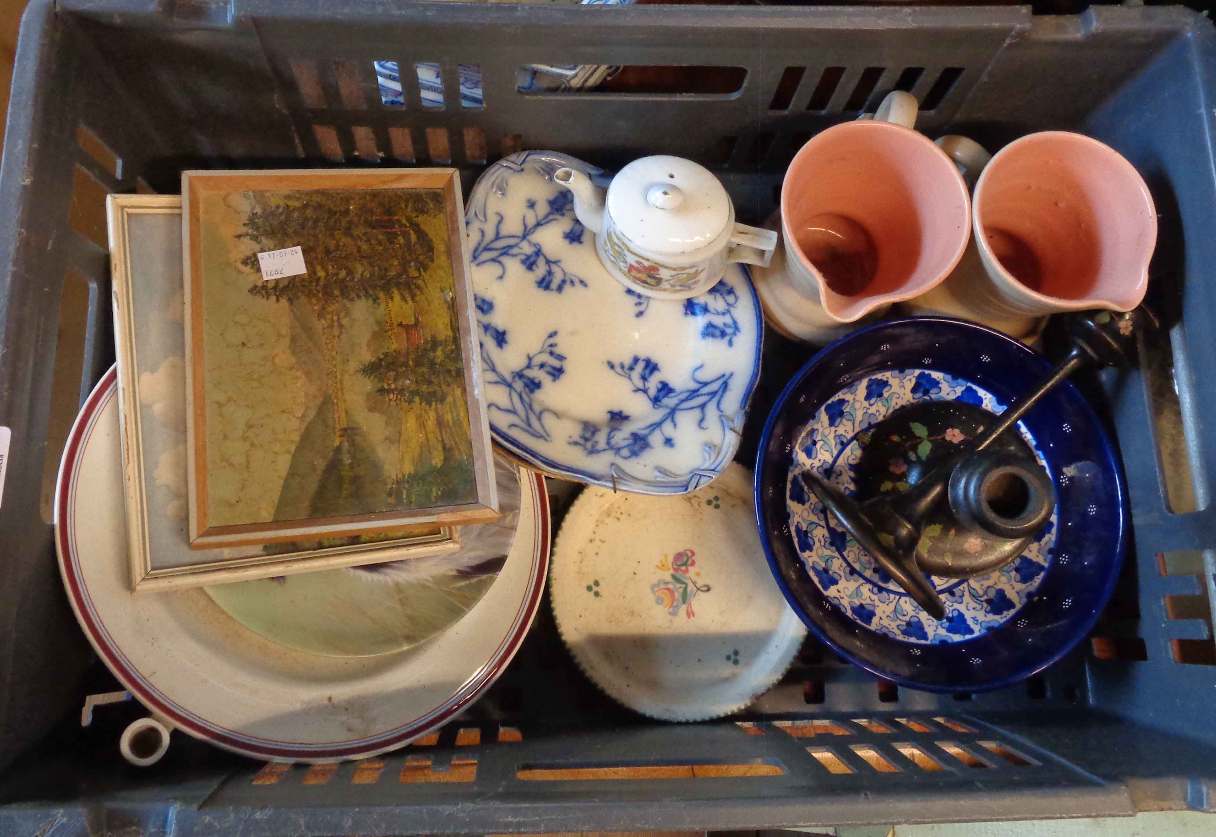 A crate containing a quantity of ceramics and other collectable items including Poole Pottery plate,