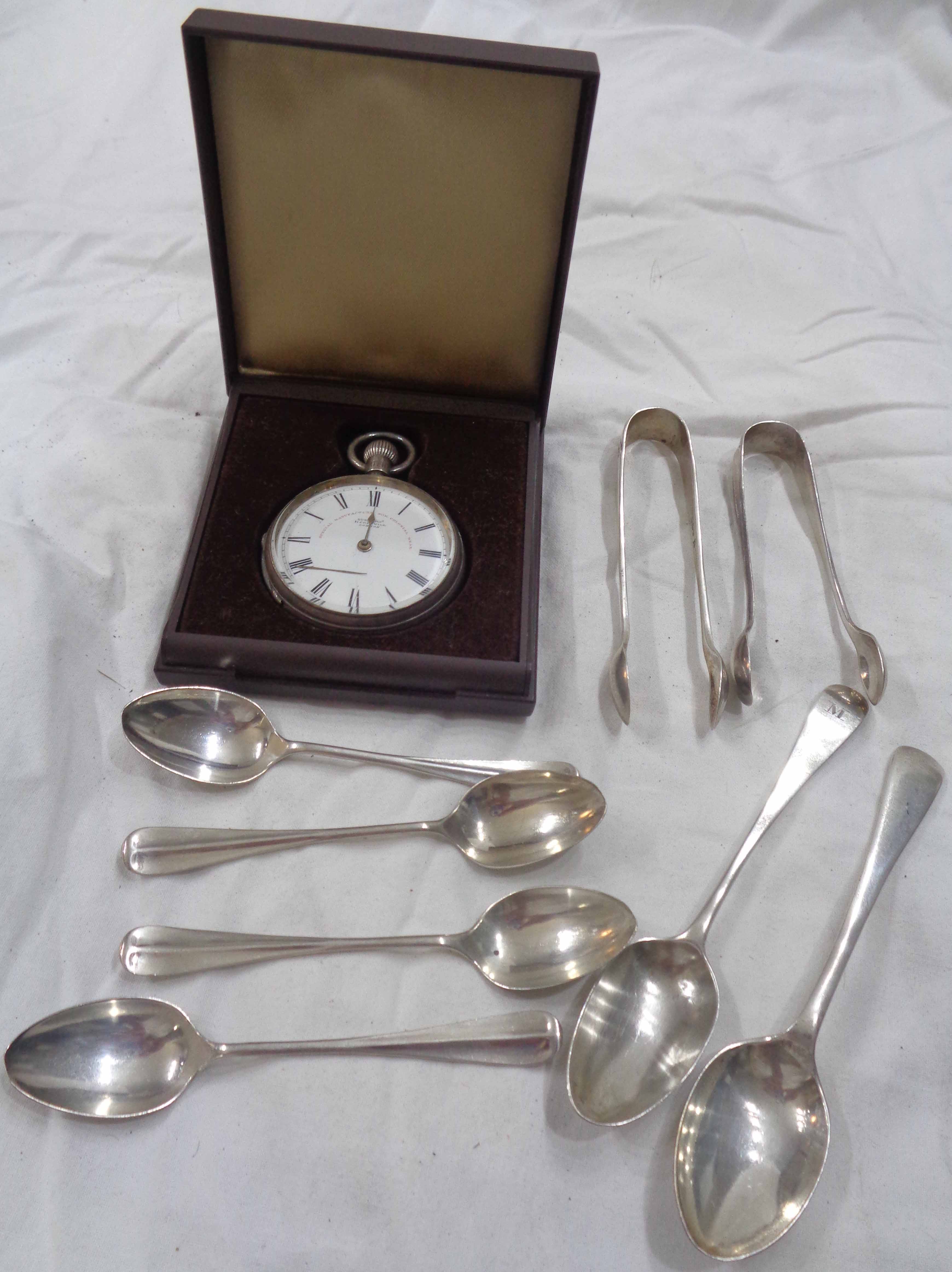 A small quantity of English silver teaspoons and two pairs of sugar tongs - sold with a damaged