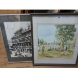 Douglas E. West: a framed coloured print, depicting a village cricket match - sold with a framed