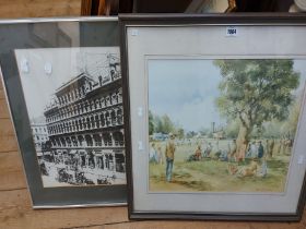 Douglas E. West: a framed coloured print, depicting a village cricket match - sold with a framed
