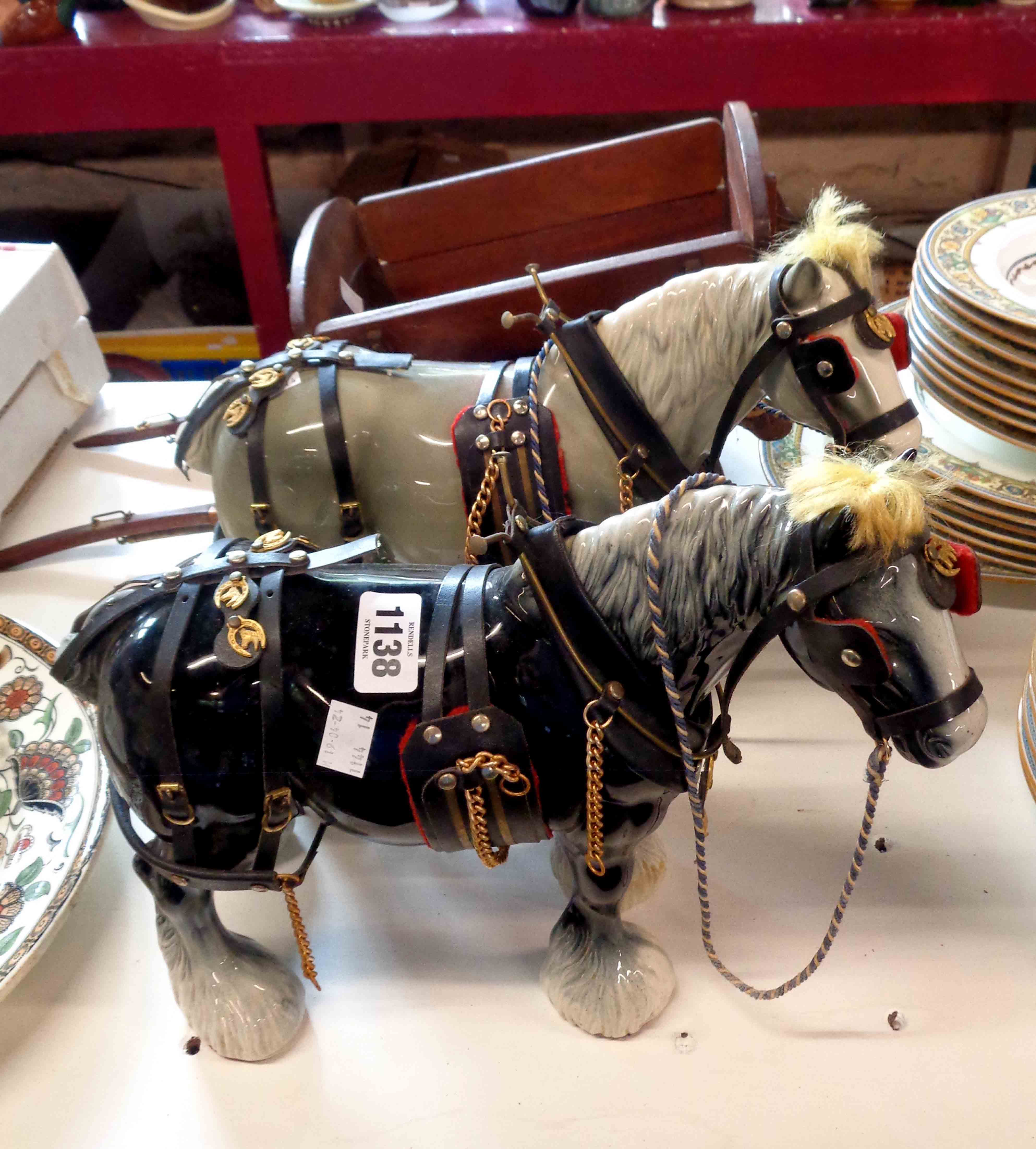 Two ceramic cart horse figurines with horse brass straps and tack - sold with a wooden cart