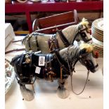 Two ceramic cart horse figurines with horse brass straps and tack - sold with a wooden cart