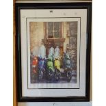 A framed signed limited edition decorative coloured print, depicting scooters parked in a street