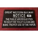 A modern painted cast iron Railway Notice sign