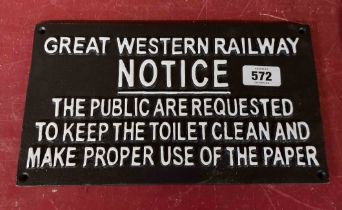 A modern painted cast iron Railway Notice sign