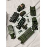 A box containing a quantity of vintage Dinky and Corgi toy army vehicles including Chieftain,