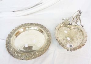 An antique silver plated grape dish with grapevine pattern handle and heart shaped tray base -