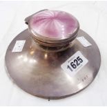 A 15cm diameter silver capstan inkwell with mauve enamelled flip-top - no liner - Birmingham 1911