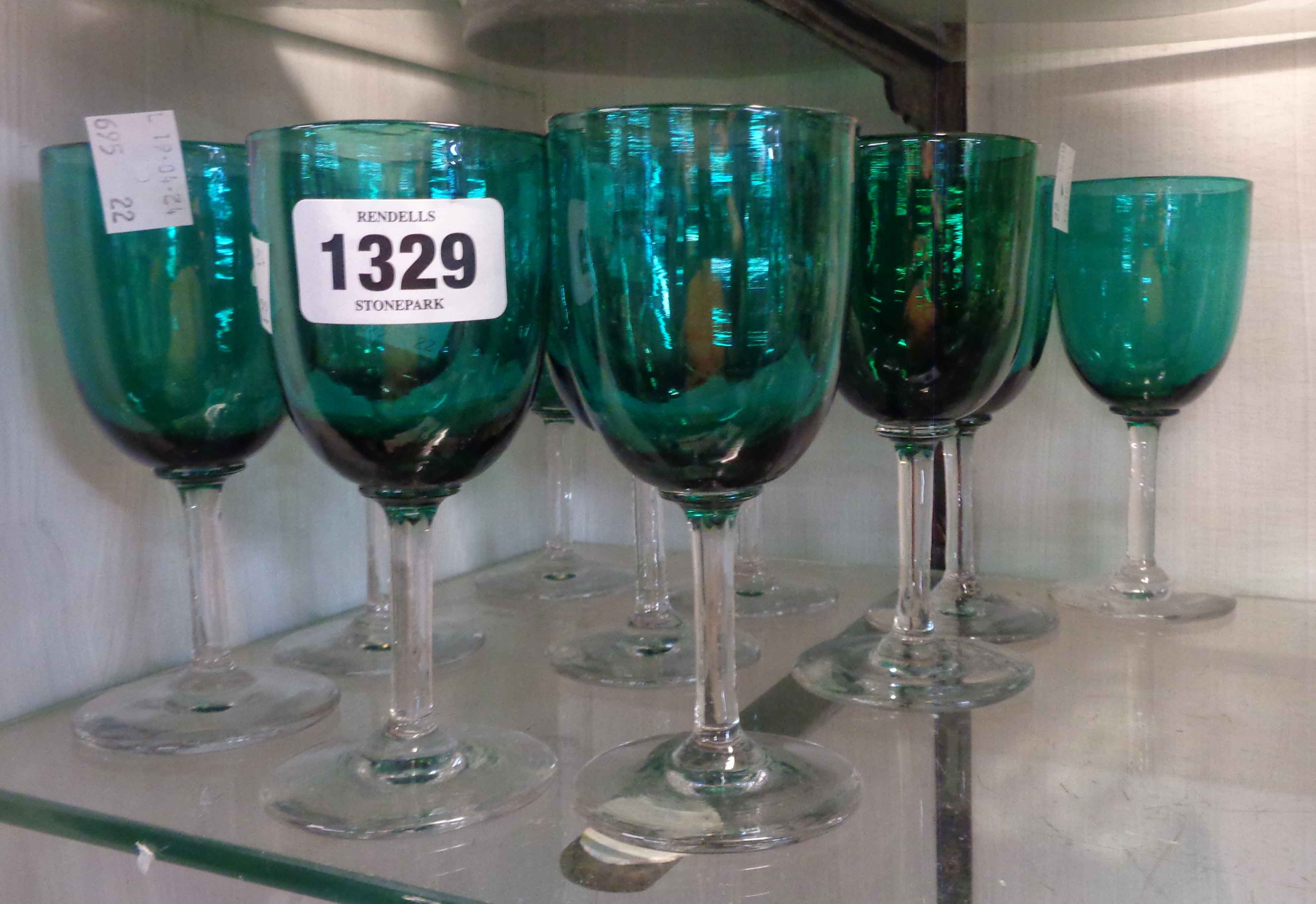 Nine Edwardian green bowl wine glasses