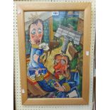 †Ginn (local artist): a framed mixed media cartoon of two people in an interior with seascape beyond