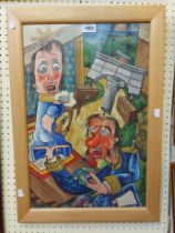 †Ginn (local artist): a framed mixed media cartoon of two people in an interior with seascape beyond