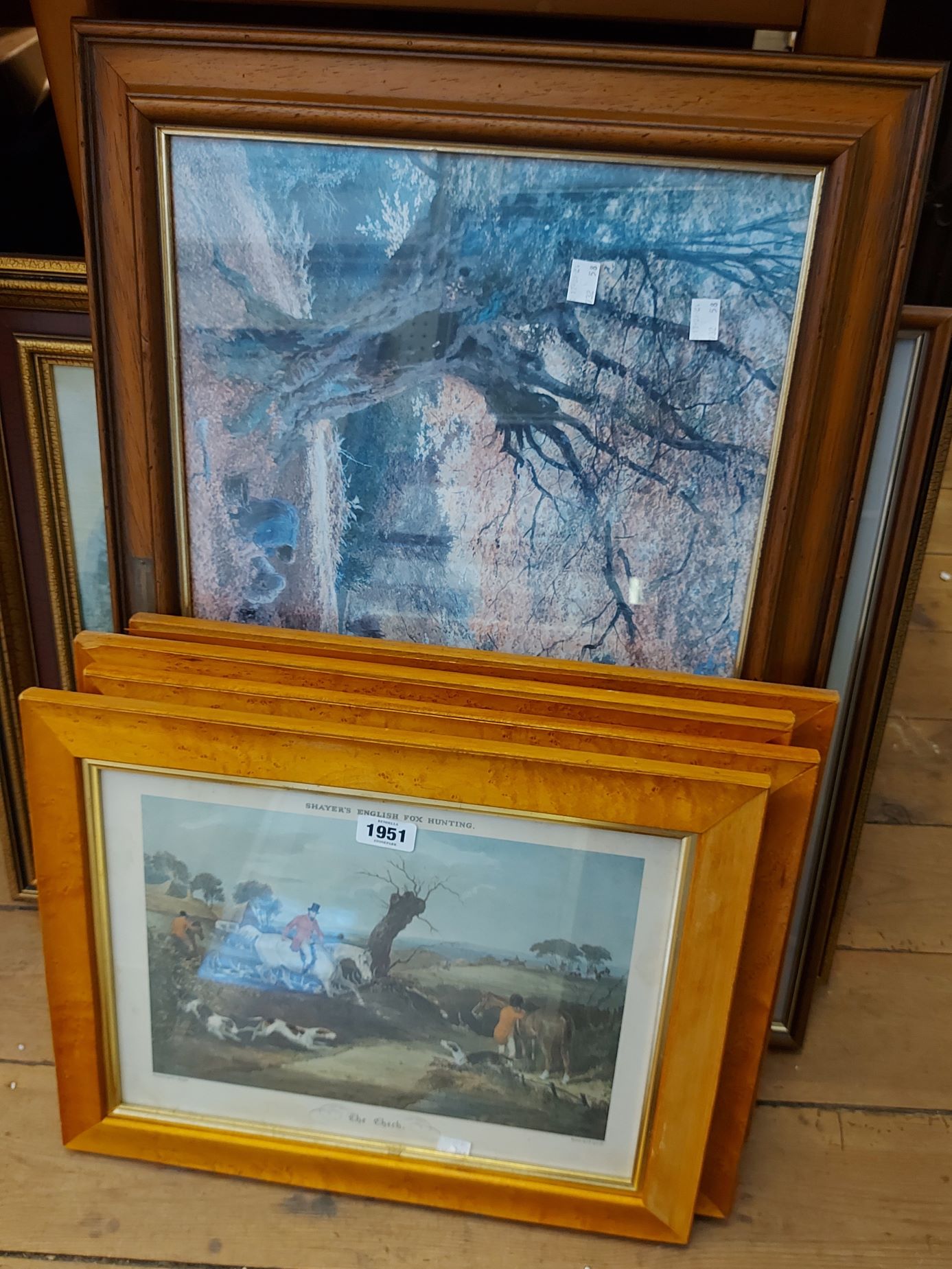 A selection of framed coloured prints including a set of four maple framed hunting prints, etc.