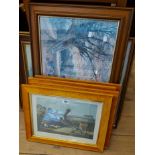 A selection of framed coloured prints including a set of four maple framed hunting prints, etc.