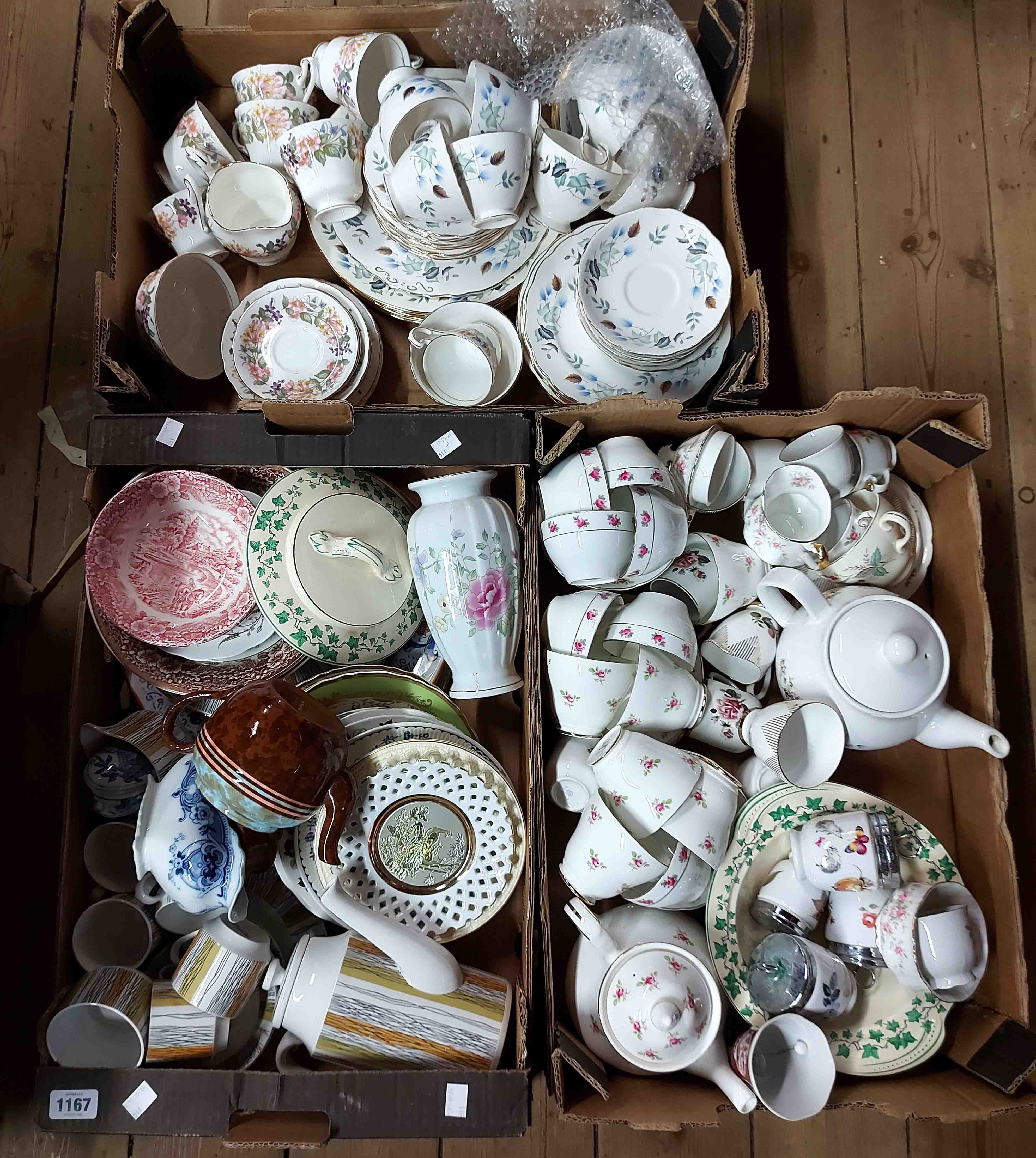 Three boxes containing a quantity of ceramics including Midwinter and other tea sets, etc.