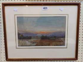 A framed watercolour, depicting a river landscape at dusk - R.A. framer's label verso