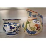 Two pieces of Torquay Pottery comprising small Watcombe jardinière with blue scroll decoration on