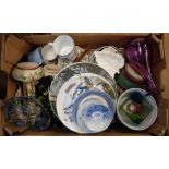 A box containing a quantity of ceramics including Victorian commemorative mug, etc.