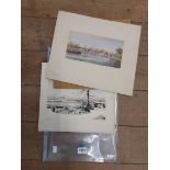 A folder containing three unframed mounted watercolours, each depicting Mortlake with the River