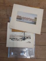 A folder containing three unframed mounted watercolours, each depicting Mortlake with the River