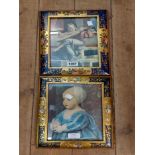 A pair of highly decorative painted and parcel gilt picture frames, containing small format coloured