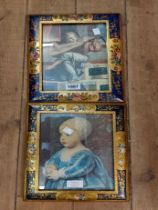 A pair of highly decorative painted and parcel gilt picture frames, containing small format coloured