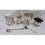 A bag containing a harlequin three piece silver condiment set with one original spoon and one