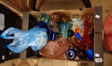 A box containing a quantity of coloured glassware and a small bag of silver plated items - sold with