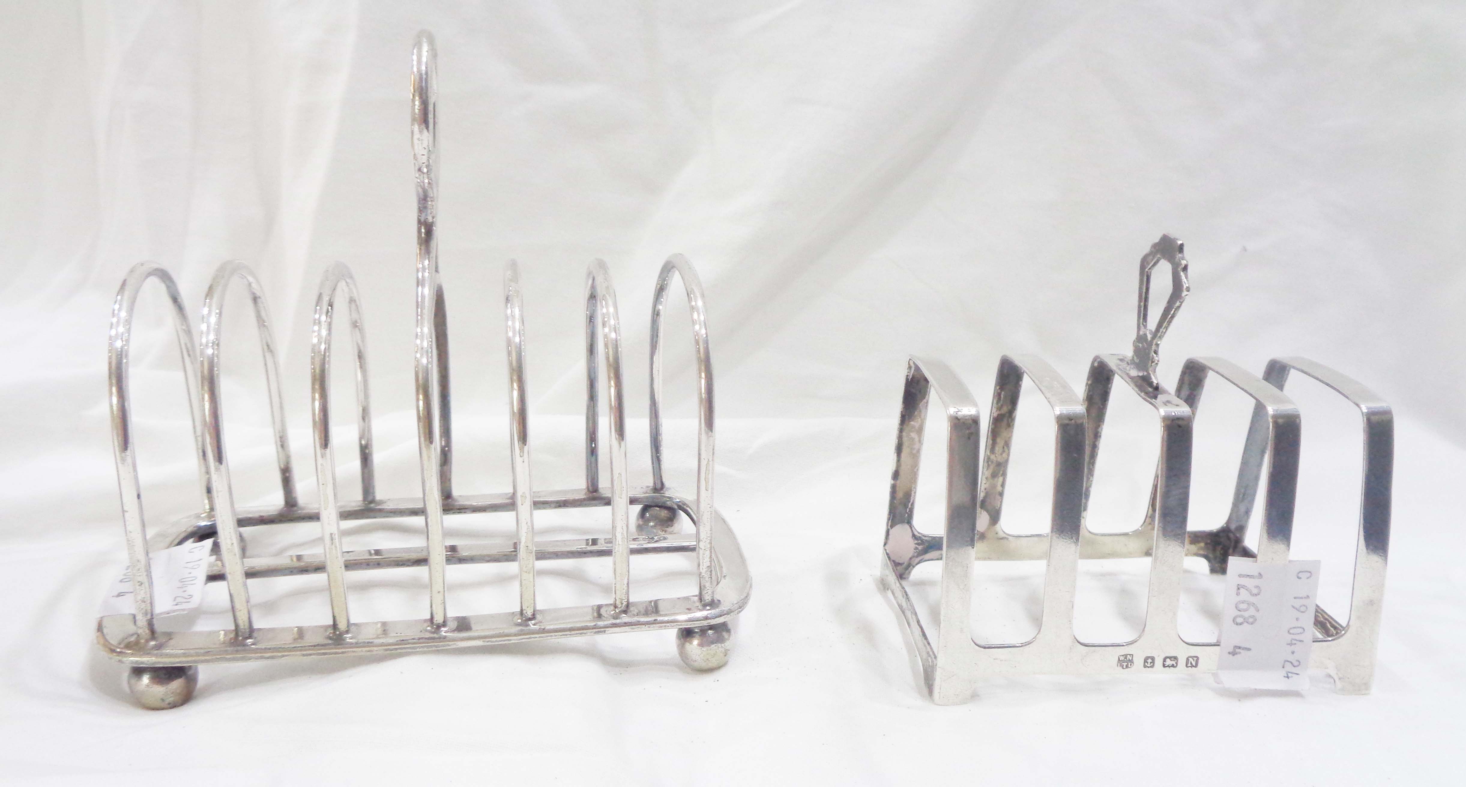 A small Birmingham silver toast rack - sold with a silver plated similar