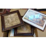 A box containing a quantity of assorted pictures including a pair of small tapestries, an