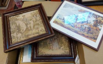 A box containing a quantity of assorted pictures including a pair of small tapestries, an