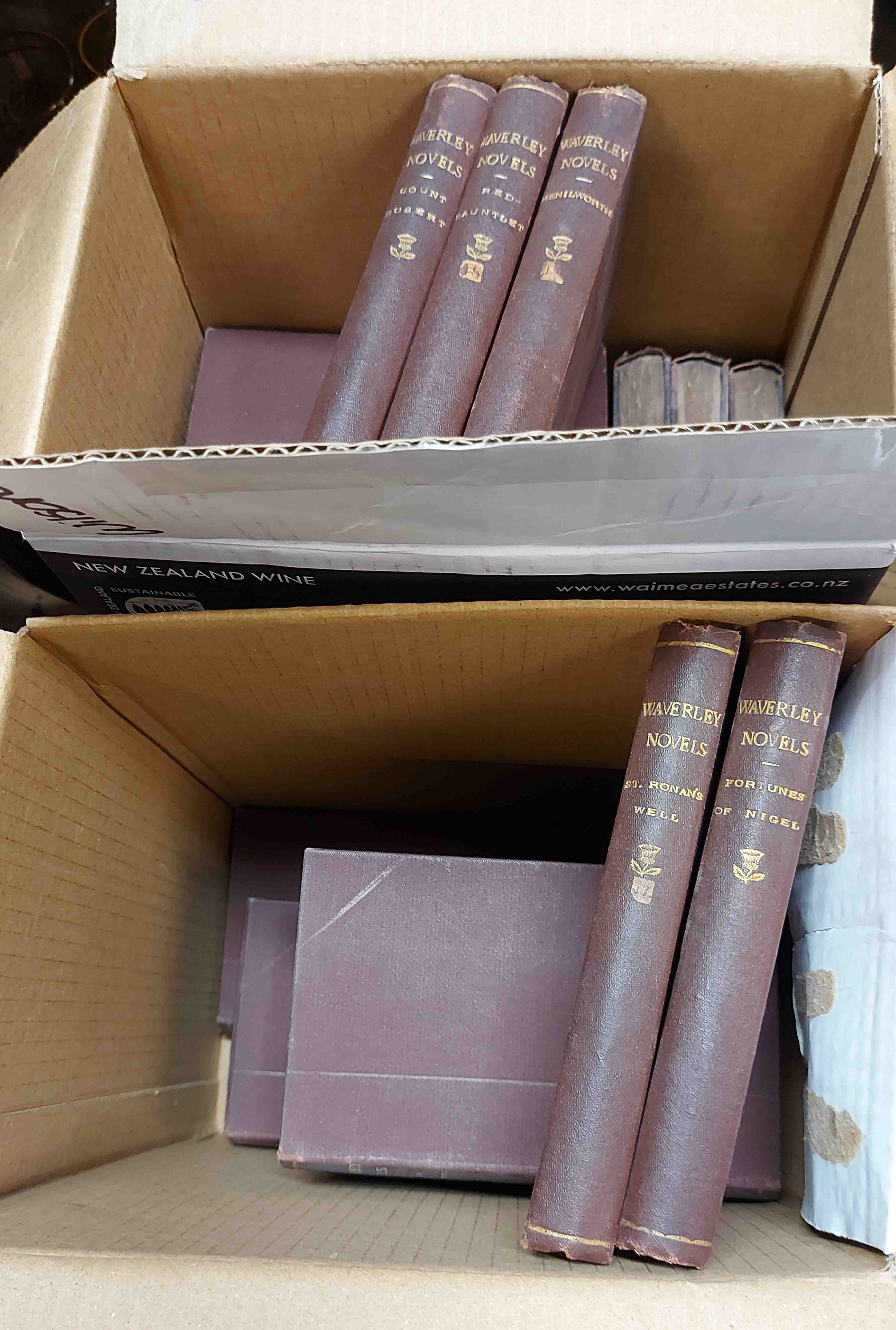 Two boxes containing a quantity of Waverley novels