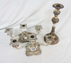 A pair of silver plated twin branch three light candelabra - sold with an antique single