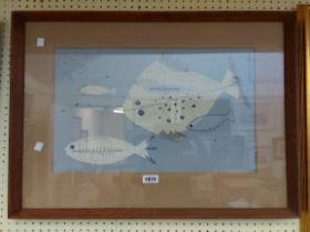 Jean Marshall: a vintage framed embroidered panel entitled 'Fishes' - details verso