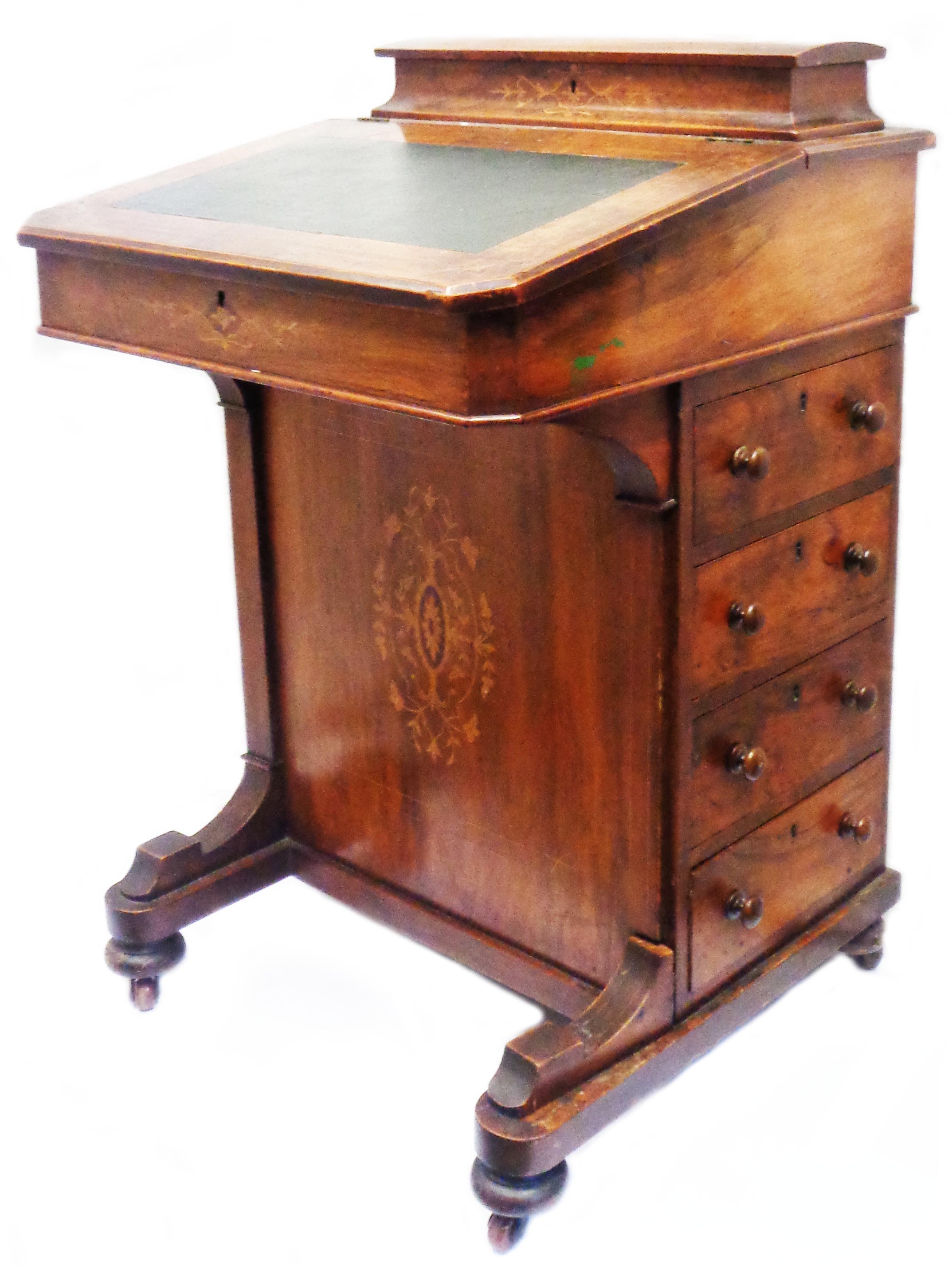 A 53cm late Victorian inlaid walnut Davenport with lift-top pen tray, leather writing surface and