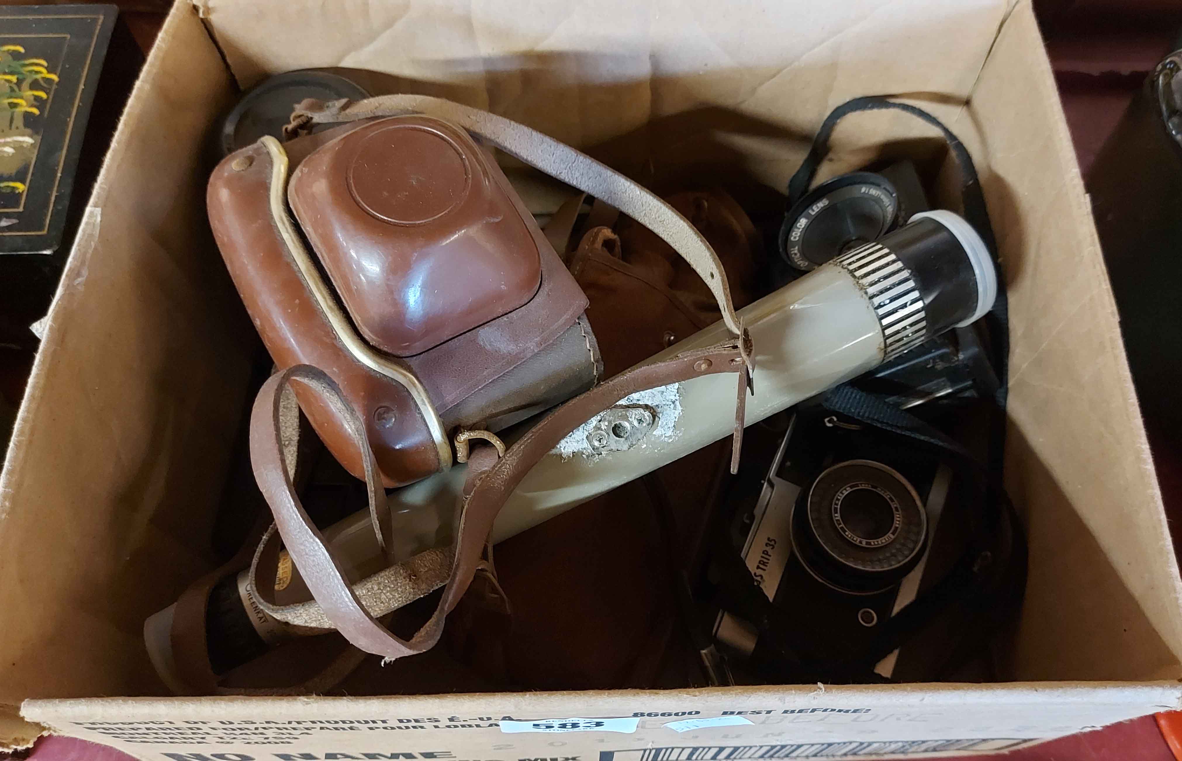 A box containing a quantity of vintage cameras including a Beirrette Junior 2, etc.