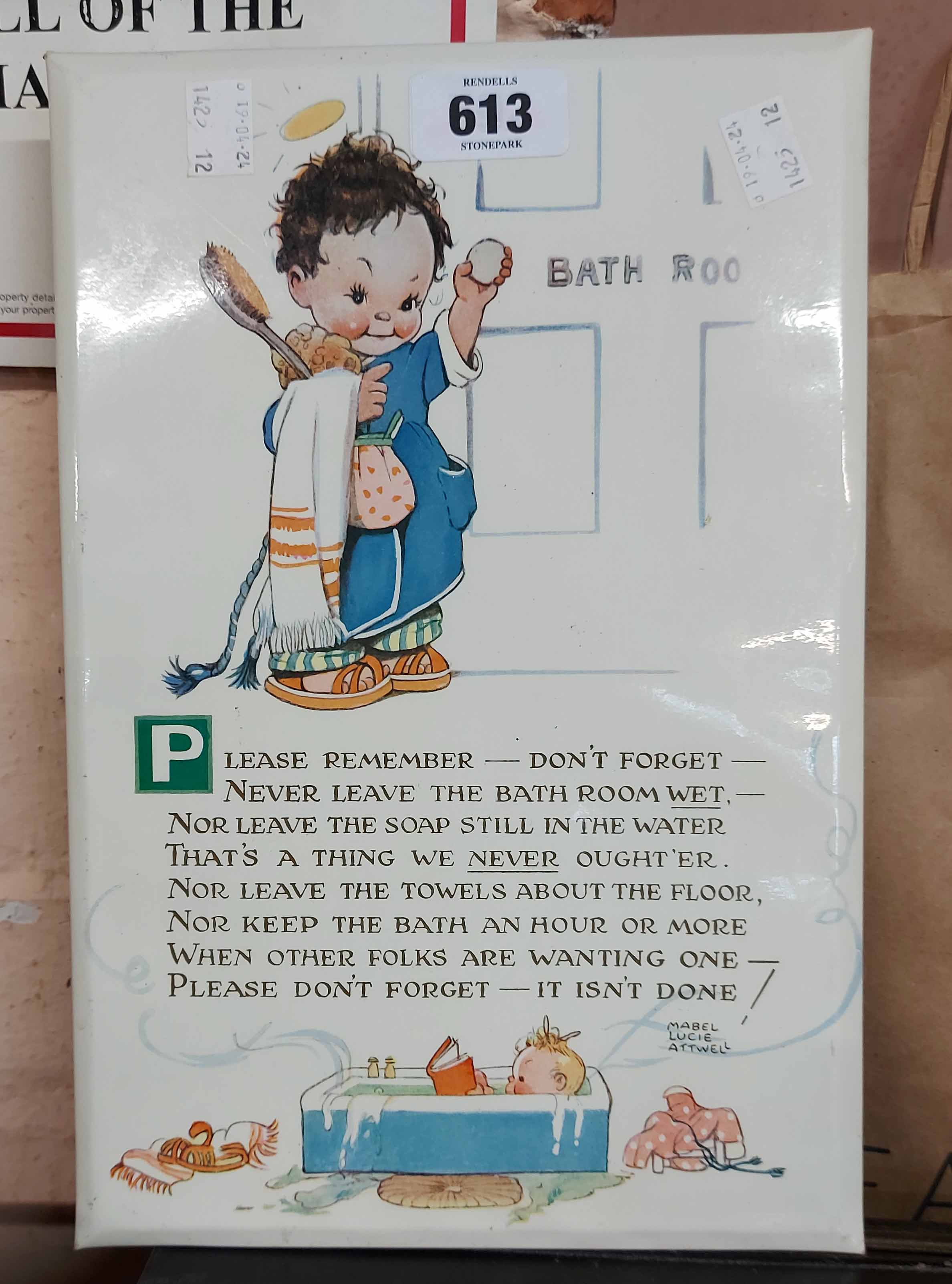 A vintage bathroom sign illustrated by Mabel Lucie Attwell with a short poem of bathroom rules