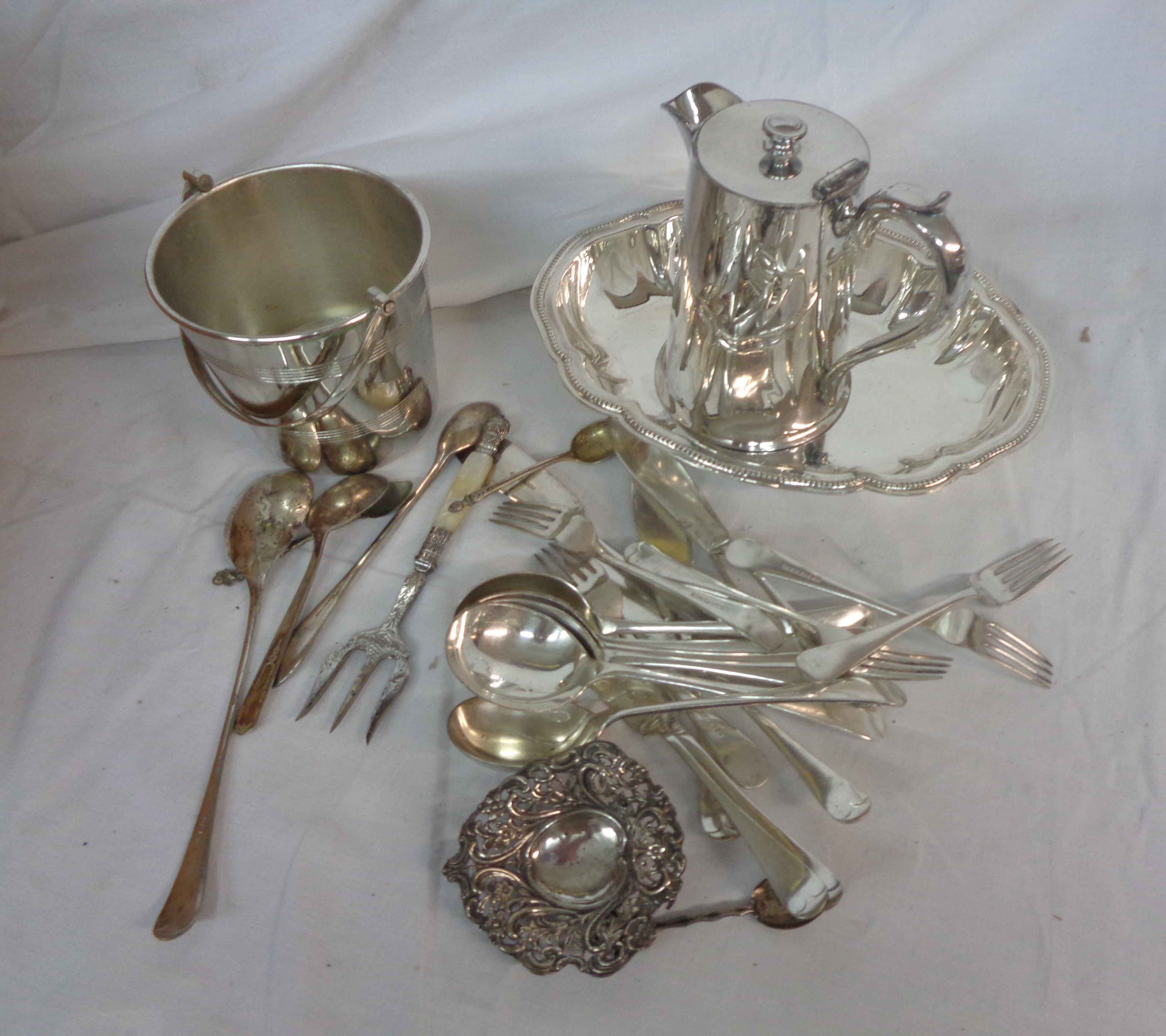 A box containing a small English silver pierced bon bon dish and a quantity of silver plated items