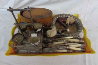 A tray containing two pipes, cased brushes, silver plated cutlery, Christopher Dresser design egg
