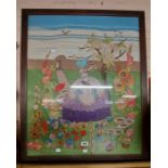 A large vintage framed needlework of lady tending to a garden