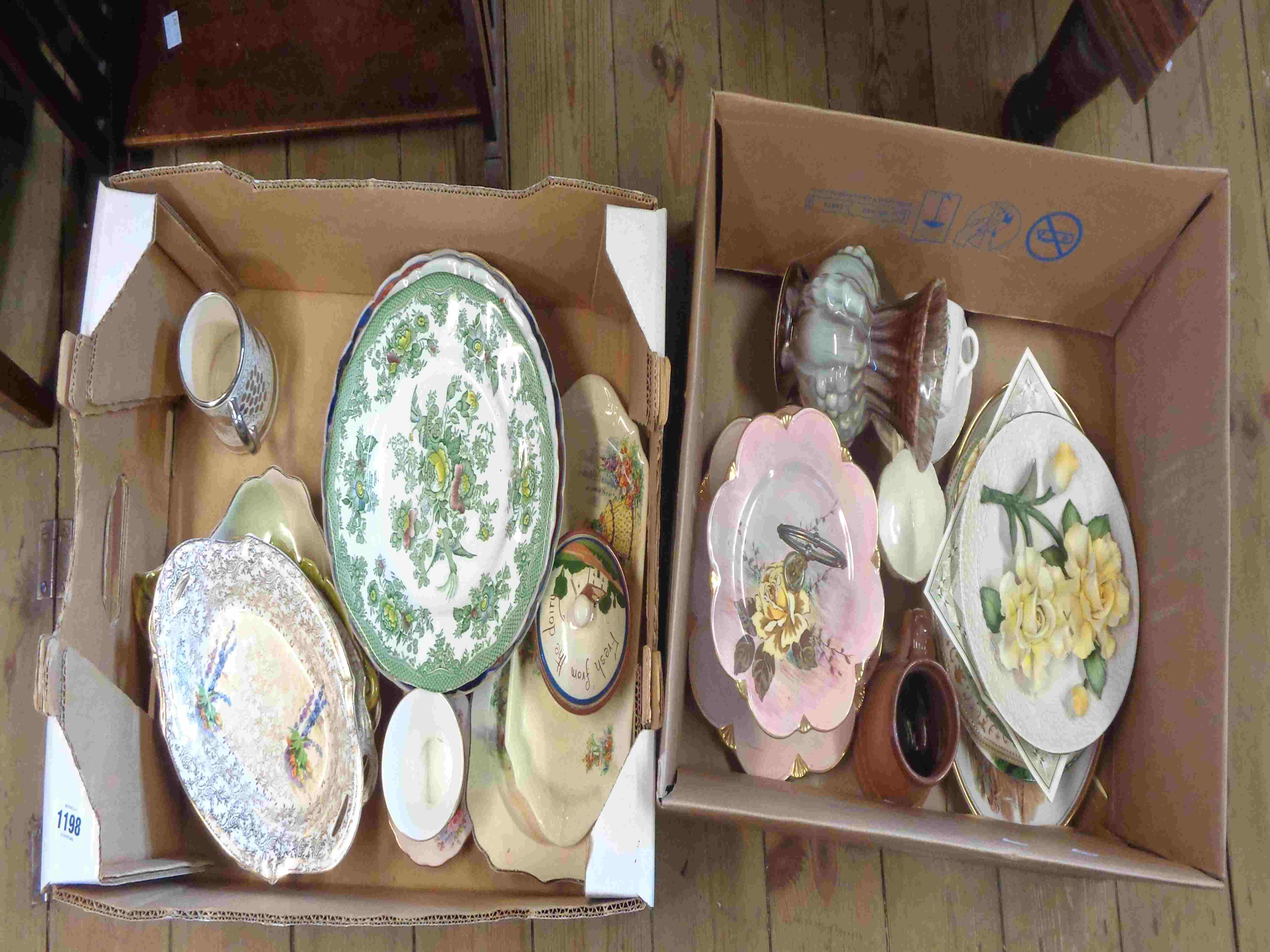 Two boxes containing a quantity of ceramics including Grays Pottery mug, plates, etc.