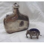 A novelty 1905 Birmingham silver small elephant form pin cushion - sold with a silver plated hip