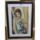A decorative ebonised framed acrylic painting under glass, depicting a lady in robes -
